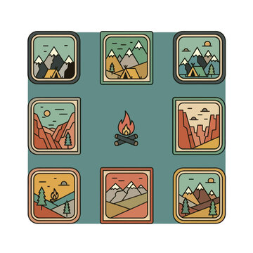Flat Design Mountain Camping Adventure Icons Set with Campfire