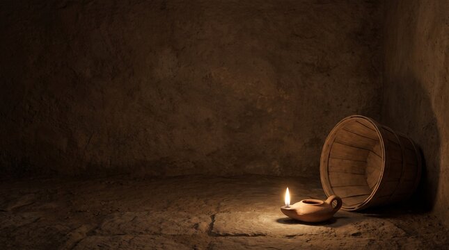 Ancient clay oil lamp beside a bushel representing the biblical Parable of the Lamp