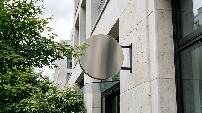 Modern metallic sign mounted on urban building exterior. Sleek round logo affixed to stone facade with professional bracket.