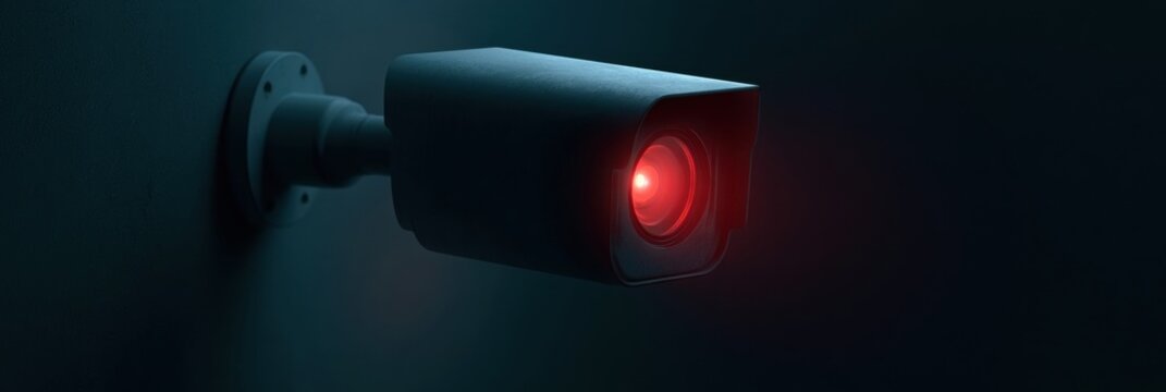 A smart security camera with a glowing red eye watches from a wall in a dimly lit living room, casting shadows and creating an unsettling atmosphere.