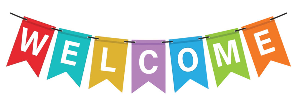 Welcome banner with colorful triangular flags on a string