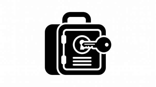 Black safe box icon with key, secure metal vault for money storage, bank deposit locker vector illustration for financial security concepts