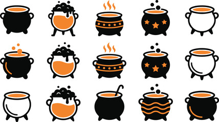 Set of hand drawn witch cauldron icons for halloween celebration and spooky magic potion design elements © RekhaRani