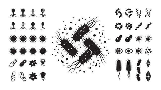 Diverse set of microbe and bacteria silhouette icons including flagellated organisms