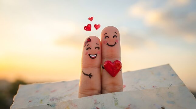 Cute finger puppets holding hearts in romantic pose. Playful couple figurines with love symbols on paper.