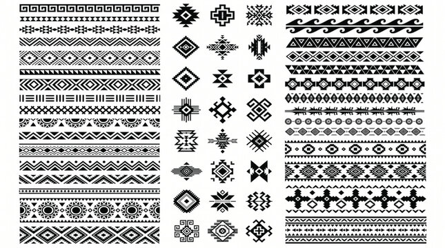 Tribal ethnic pattern borders and geometric ornaments, black and white aztec vector elements, bohemian style decorative frames for textile design
