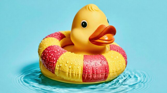 A rubber duck with a tiny lifebuoy is in shallow water, showcasing a playful scene in a studio setting. Clean and bright colors are present.