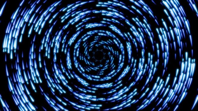 Futuristic seamless loop animation of blue and cyan star particles rotating right to left, abstract sci-fi deep space galactic vortex background 3d render