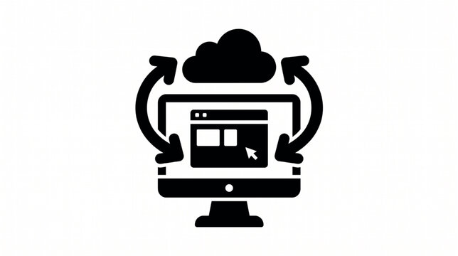 Cloud computing synchronization icon, computer monitor with data transfer arrows vector, digital network storage and backup concept illustration
