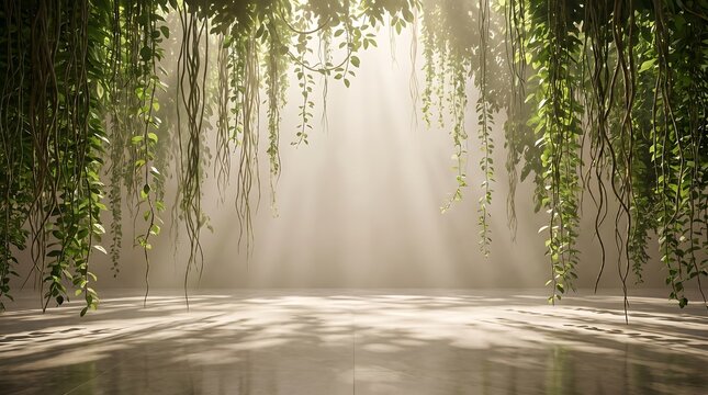 Lush green jungle vines hanging downwards in a mysterious forest, shafts of sunlight piercing through foliage create a dramatic and enchanting atmosphere.