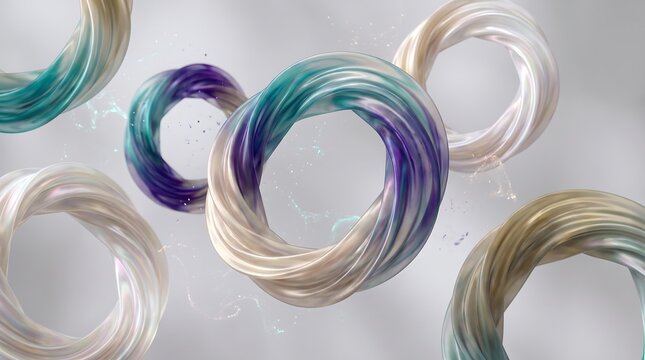 Abstract fluid torus shapes with pearl iridescent finish and vibrant swirling colors creating futuristic digital art with soft sparkles background.