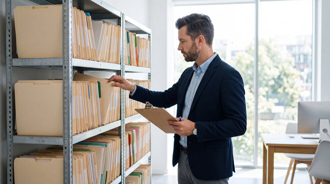 Macro detail of uniform plain paper file folders lined up on a metal shelf in a modern hospital archive. Minimalist data privacy and medical filing visual.