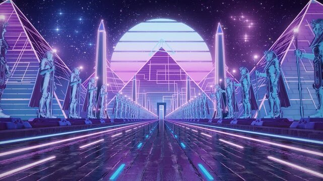 Synthwave Outrun Neon Highway Loop with Pharaoh Guardians Futuristic Egyptian Pyramid Blue Purple 4K