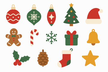 Fototapeta premium Flat vector clipart collection featuring Christmas holiday icons including Christmas tree, ornaments, Santa hat, gingerbread cookie, candy cane, snowflake, gift box, bell, stocking, holly leaves, pine