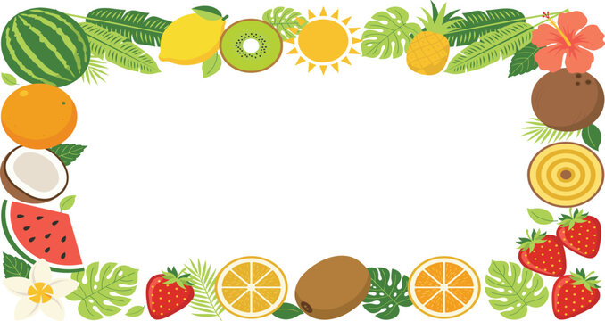 Tropical summer fruits and flowers frame border background