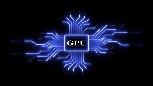 Gpu processor chip neon circuit board animation, digital computing technology background, card hardware
