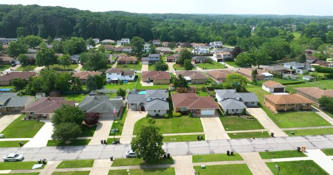 Housing market in the USA. Residential homes in suburban sprawl development. Low-density private houses in American rural suburbs.