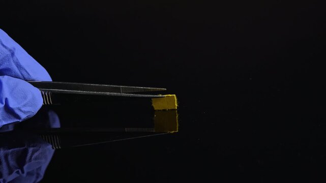 Tweezers with LSD acid blotter paper examination concept for health therapy research. Laboratory set, microdosing discovery and development. Mental health clinic trial treatment for PTSD depression.