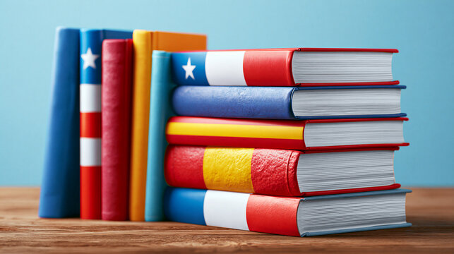 Colorful books resembling international flags arranged in rows on a wooden surface. Ideal for education and language learning concepts.