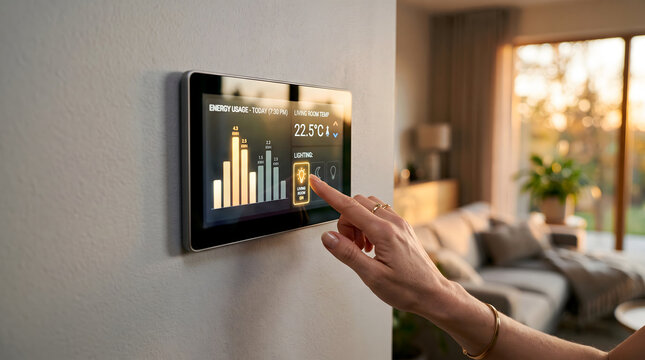 Smart home controller mounted on a wall enables precise adjustments to indoor lighting and heating.