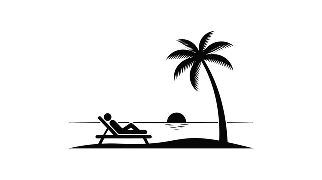 Tropical beach scene silhouette with palm tree and reclining chair
