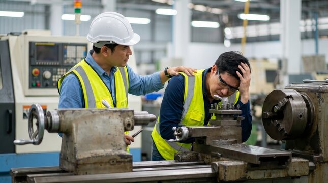Sick factory worker holding head while colleague in hardhat offers support near heavy machinery.