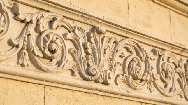 Ornate stucco border featuring acanthus leaves and scrolls on a light yellow wall.