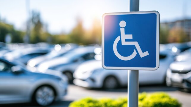 Blue wheelchair accessibility parking sign in busy lot. Universal design ad.