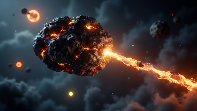Asteroid flying through deep space with bright fire trail and glowing lava asteroid universe astronomy explosion celestial dangerous atmospheric meteorite