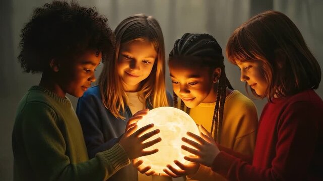 Diverse children holding a glowing globe in a dark environment