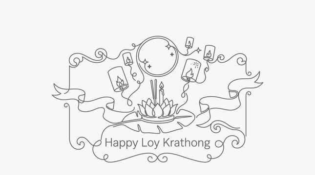 Line art illustration of a Loy Krathong festival celebration with a lotus krathong and floating lanterns.
