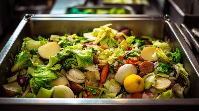 Fresh chopped vegetables and potatoes in a large metal tray for commercial cooking. Great for.