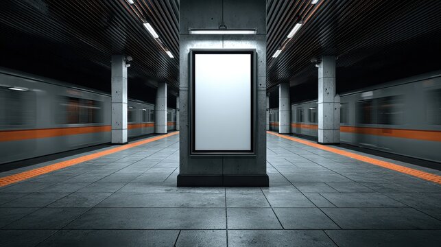 Empty advertising billboard on a concrete pillar in a modern subway station. Urban commuter.