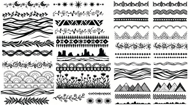 Boho hand drawn divider borders collection, black ink decorative line art set, ethnic tribal floral and celestial vector ornaments for stationery