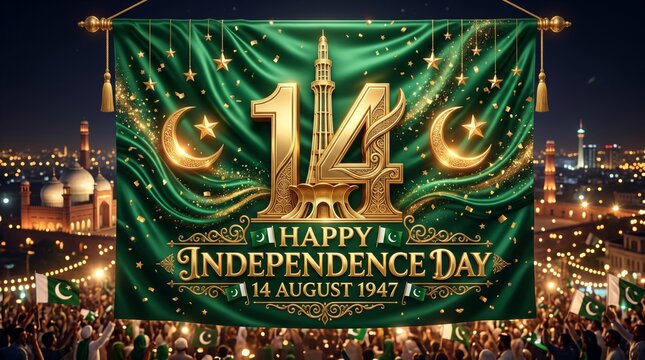 Pakistan independence day banner hanging over festive crowd with golden 14 august text minar e pakistan