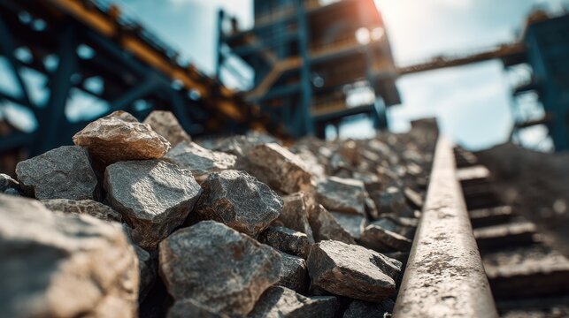 Industrial conveyor belt carrying heavy gravel stones at mining site. Construction ad.