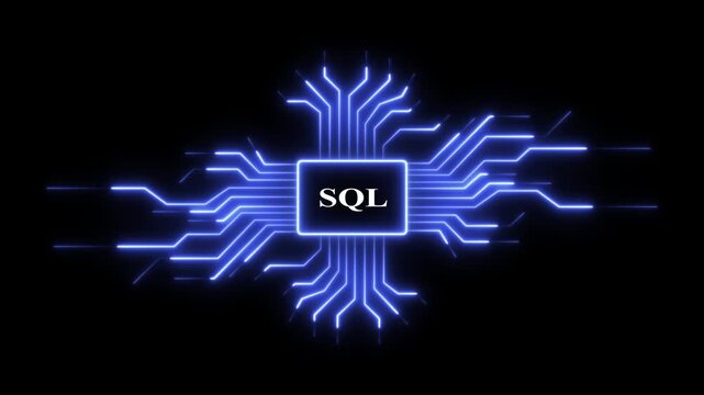 Sql database programming concept with glowing digital circuitry processor animation coding technology