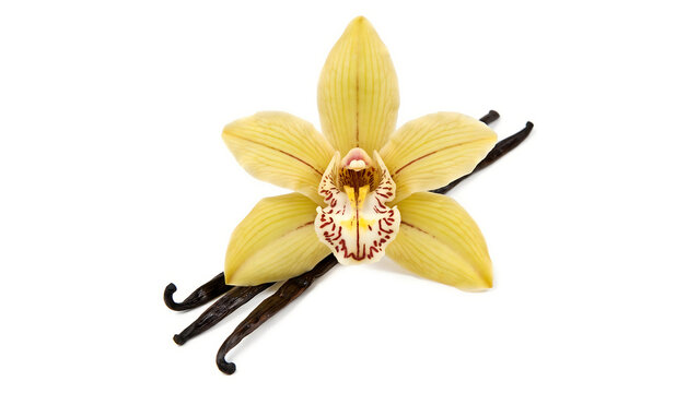 Fresh vanilla orchid flower with black dried pods aromatic botanical ingredient fragrance isolated culinary