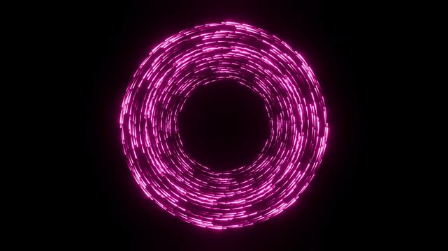 Elegant seamless loop animation of pink rose gold short light lines rotating in a circle, neon vortex element on black background with copy space 3d render