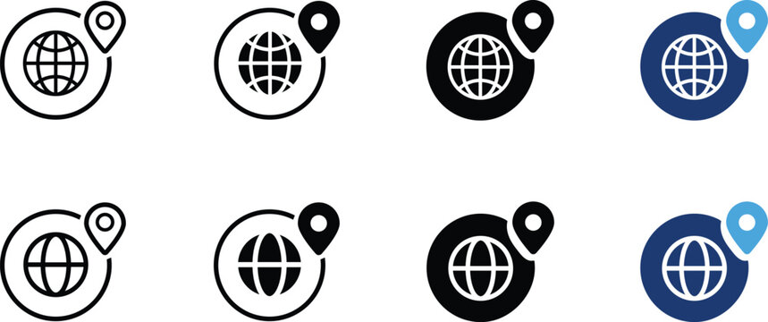 Global location icon. World map pin symbol. Geolocation sign. Simple pictogram for international address, GPS navigation, travel and worldwide place search design for UI & UX, PNG.
