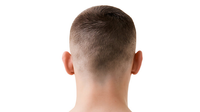 Rear View of a Man's Head with a Short Haircut, Revealing the Neck and Ears on a Clean, Bright White Background, Isolated Studio Shot