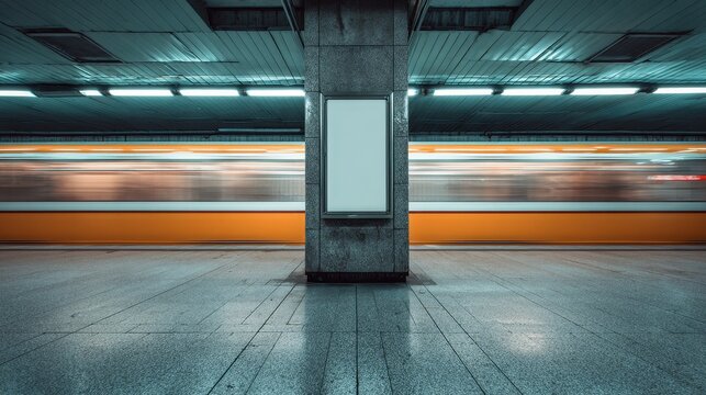 Subway station platform with empty billboard and moving train. Urban transit advertisement.