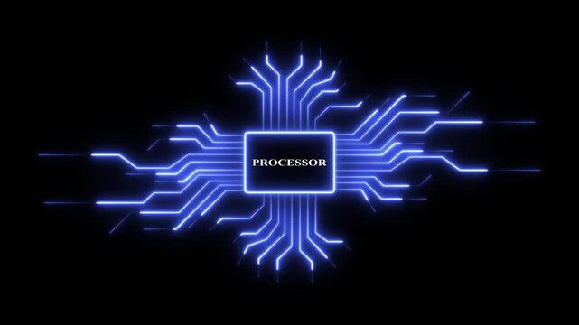 Digital processor cpu chip with glowing blue circuit board lines and data flow animation technology
