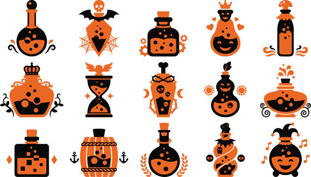 Set of decorative halloween potion bottles with magical ingredients and mystical labels for spooky holiday party designs