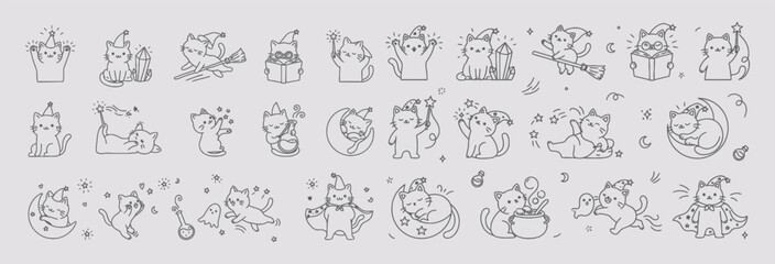 Cats doodle set hand drawn, Magical Wizard Cats, cartoon vector illustration. cats casting spells, sitting beside glowing crystals, riding broomsticks, reading spell books, holding magic wands, playin © Parvin