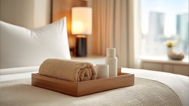 Wooden tray with rolled towel and bottles on bed. Hotel room amenity and comfort concept.