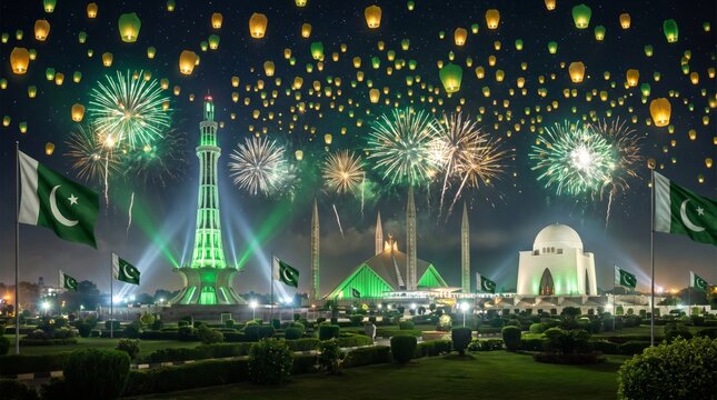 Pakistan independence day fireworks over minar e pakistan faisal mosque mazar e quaid with sky lanterns