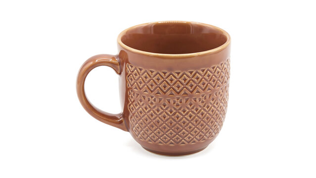 Brown ceramic mug with geometric embossed pattern isolated on white background embossed kitchenware beverage geometric isolated container minimalist tableware decoration