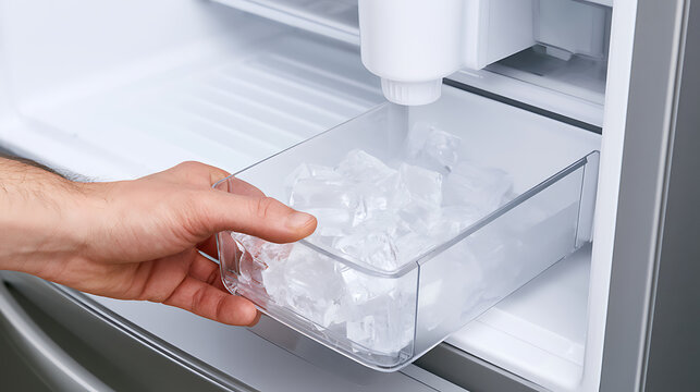 Man's hand reach inside a modern refrigerator to remove a clear plastic ice maker bin filled with many fresh, clean ice cubes, closeup view, kitchen appliance