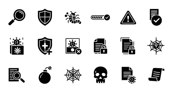 Malware threat and cyber alert icons.